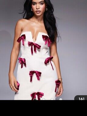 ASOS Luxe Ivory Velvet Bow Strapless Plunge Mini Dress Size 4
